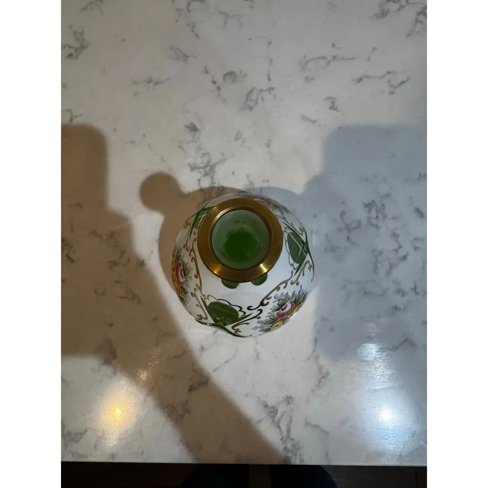 Cased glass vase white glass green panels hand-painted enamel florals antique
